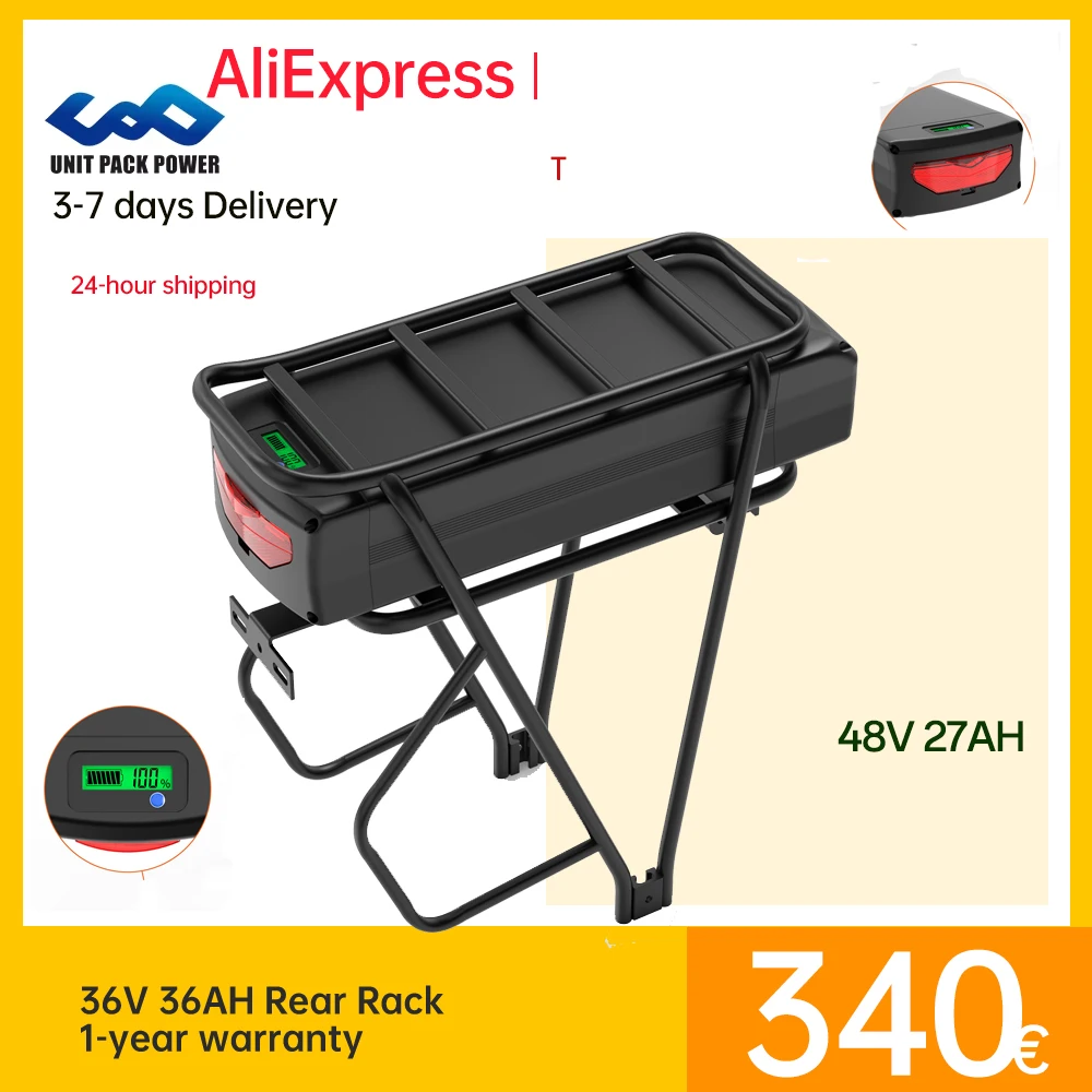 Rear Rack eBike Battery 21700 52V 48V 27Ah 72V 20Ah with Luggage Hanger Taillight for 1800W  1500W 1000W 750W 500W 24