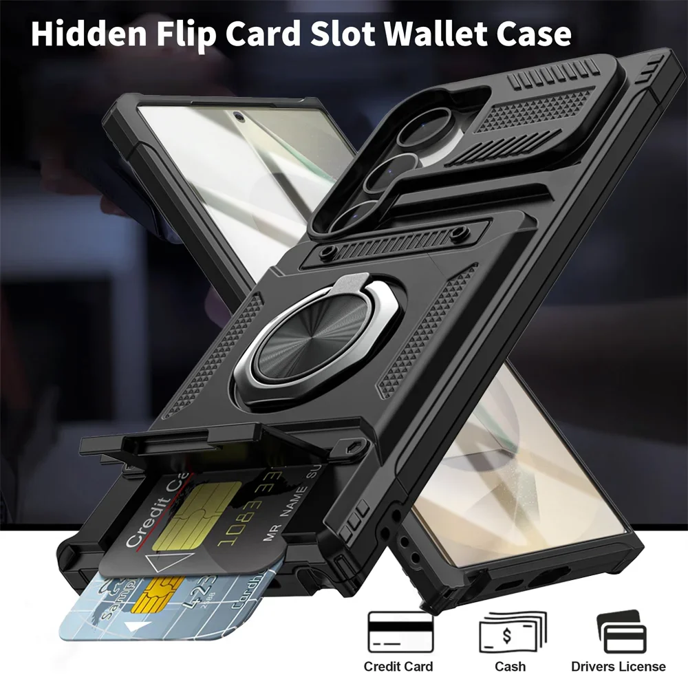 Military Armor Anti-Fall Case For Samsung S26 Ultra S25Plus S24 FE A56 5G A36 A16 A55 Magnetic Ring Stand Card Slot Phone Cover