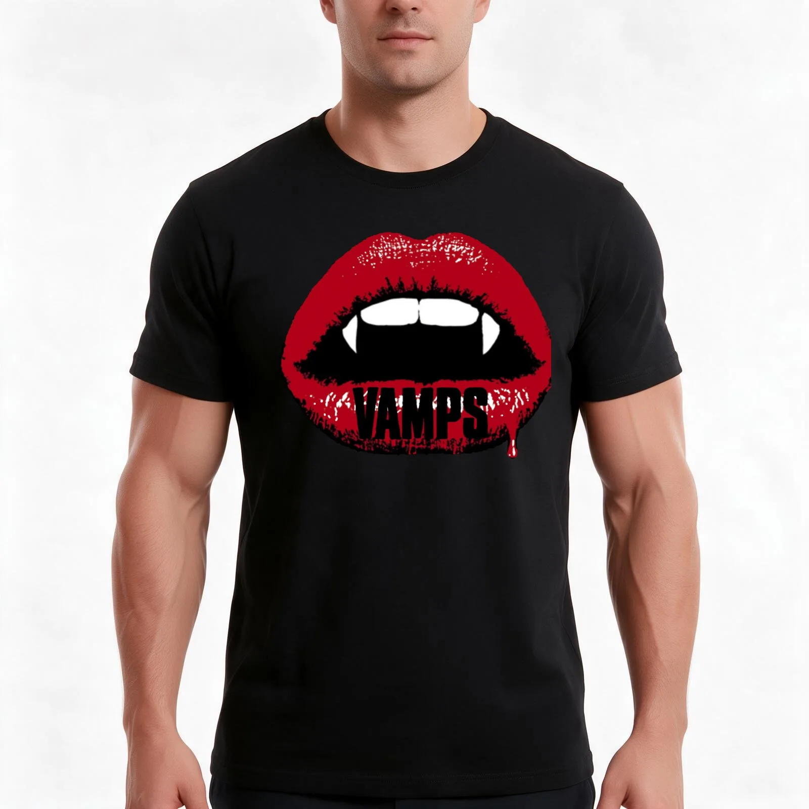 Vamps Lips T-Shirt, Summer Casual Cotton Tee, Oversized Streetwear Tops, Vintage Graphic Print, Loose Fit Short Sleeve
