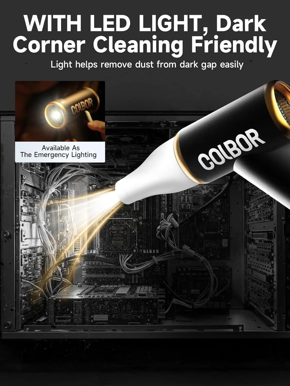 Plumero de aire comprimido COLBOR Mini soplador eléctrico para kit de limpieza de PC 100000RPM inalámbrico con luz LED y boquilla recargable