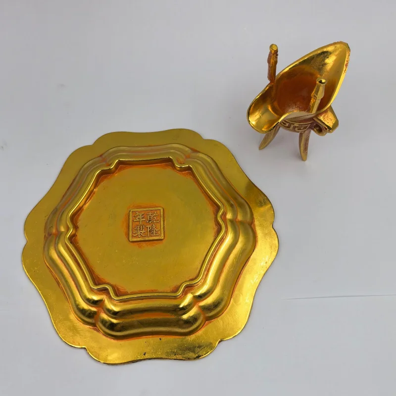 Antique Pure Copper Gilding Hexagonal Golden Phoenix Plate Cup Collection Qing Dynasty Qianlong Year Copper Gilded Dragon-Phoeni