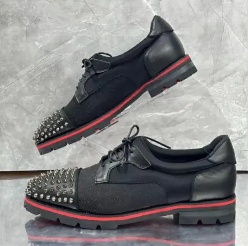 

Size 47 Men Fashion Black Genuine Leather Patchwork Round Toe Sliver Spike Studded Rivet Lace Up Low Top Business Dress Shoes