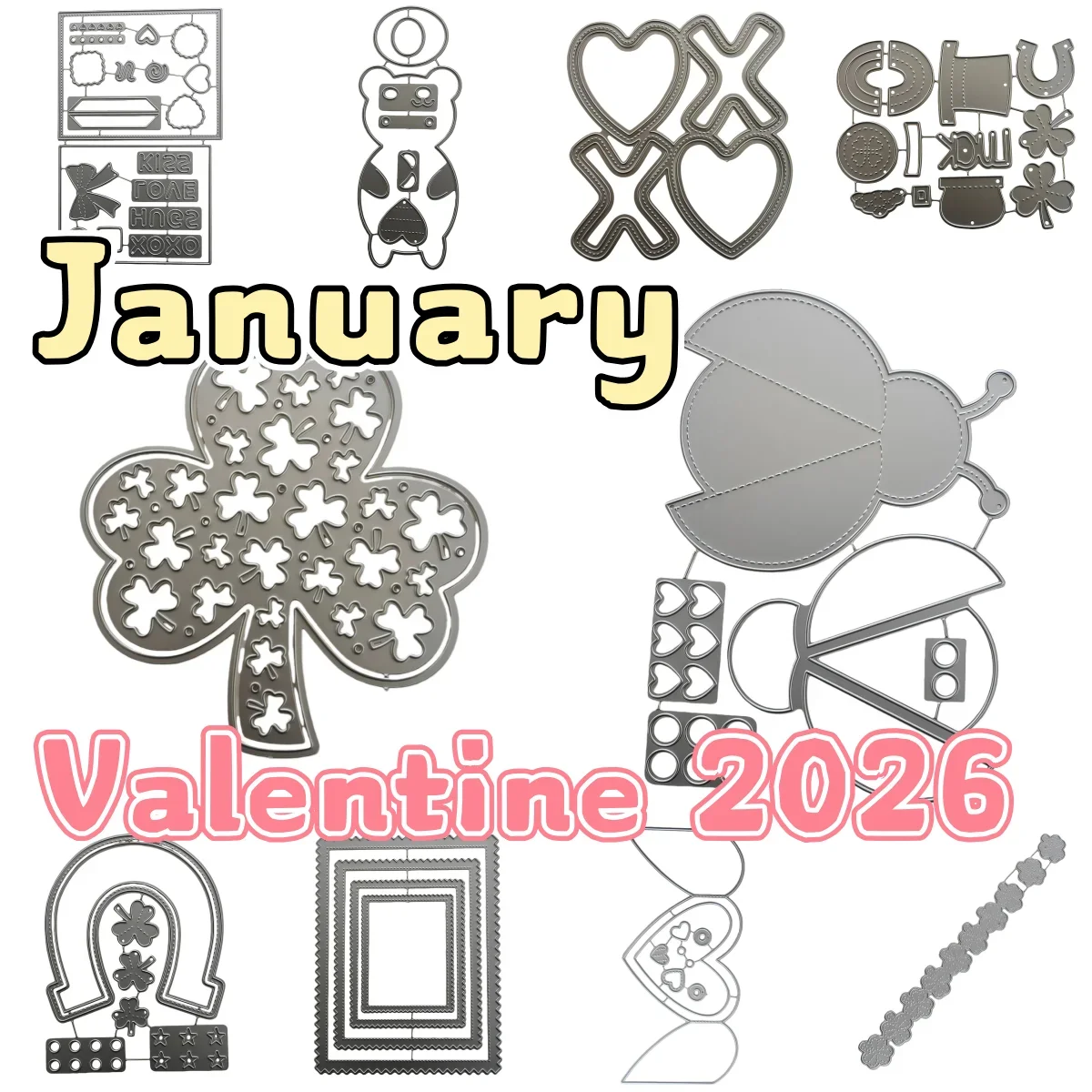 Nuevos troqueles metálicos de San Valentín 2026 con diseños de oso de amor, caja de bombones, mariquita y trébol de cuatro hojas para álbumes de recortes, tarjetas y diarios DIY