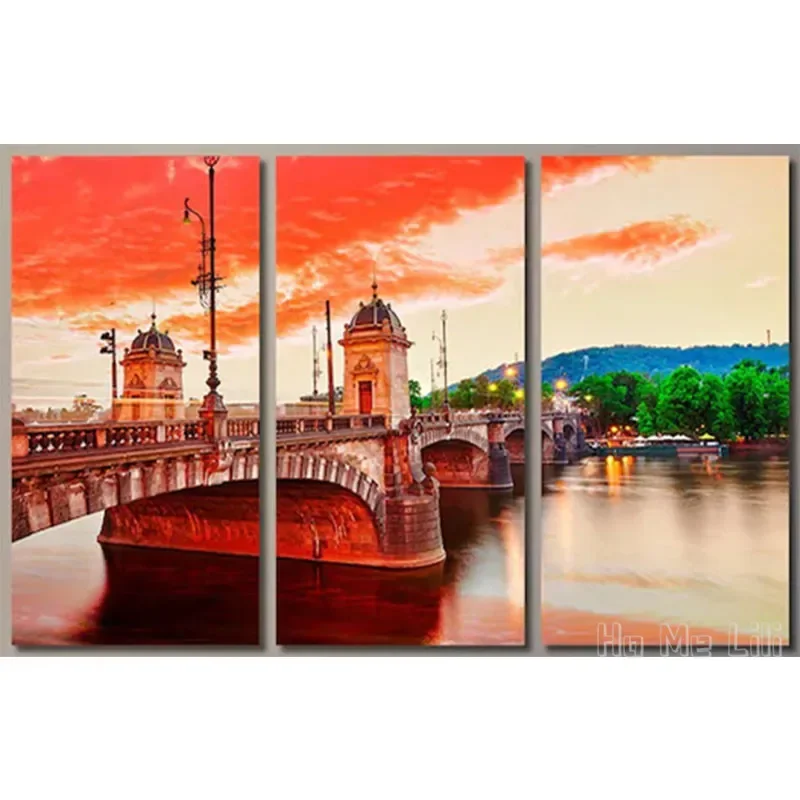 Prague Cityscape Wall Art Canvas Print Modern  Bridge  Set River