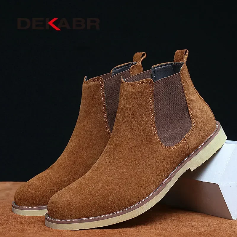 DEKABR Shoes Men Chelsea Boots Cow Suede Fashion Warm Snow Boots Motorcycle Ankle Boots Vintage Style Slip on Casual Shoes