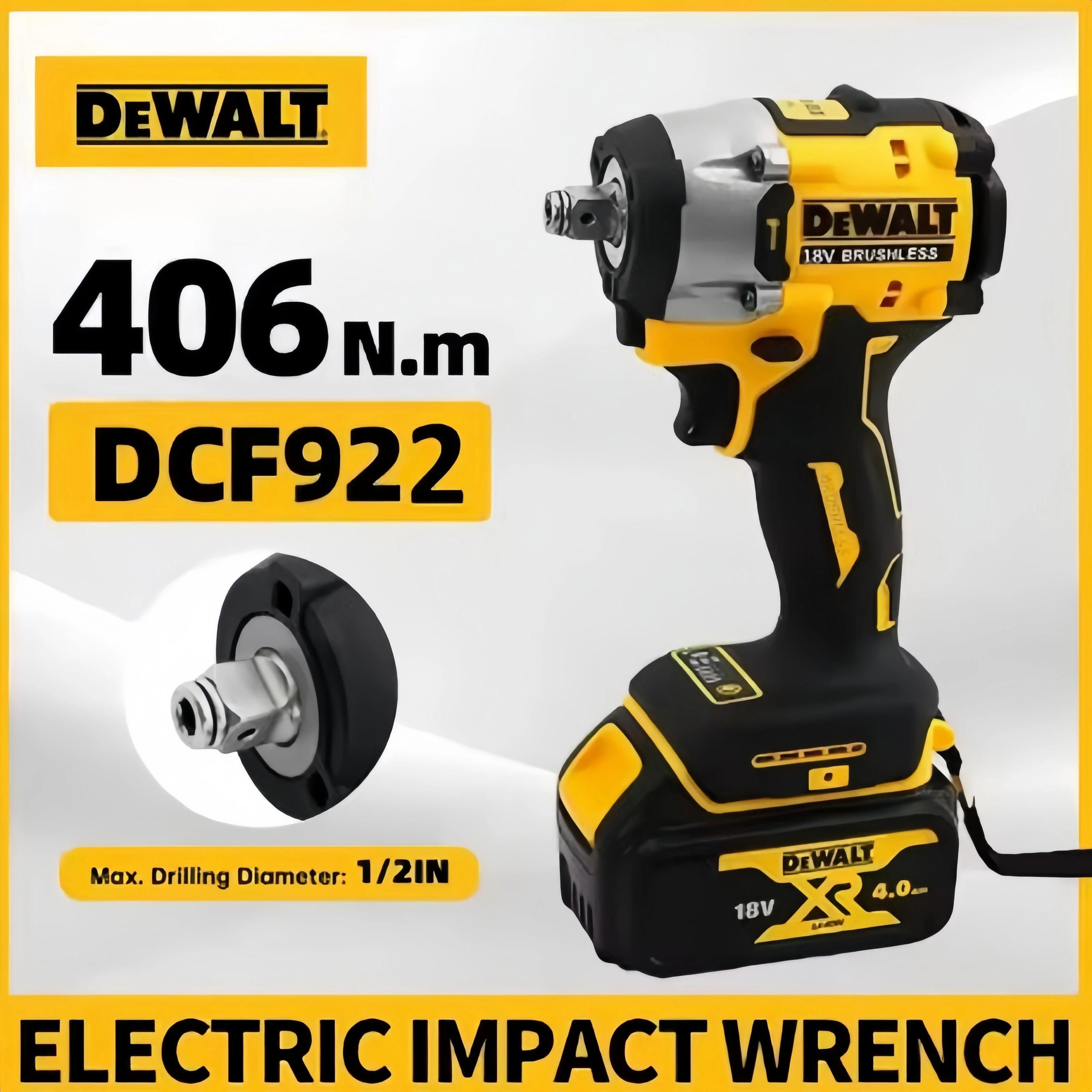 

Аккумуляторный ударный гайковерт DEWALT DCF922 1/2 дюйма, высокий крутящий момент 406 Нм, реверс, 2500 об/мин, универсальный электроинструмент