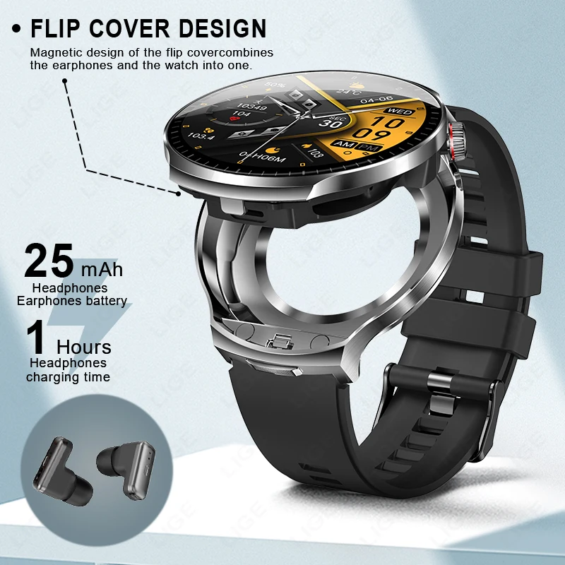 LIGE 2025 Smartwatch 2 w 1 z Słuchawkami Bluetooth TWS, Monitorowaniem Tętna i Natlenienia Krwi, GPS, Odtwarzaniem Muzyki, Smartwatch Fitness