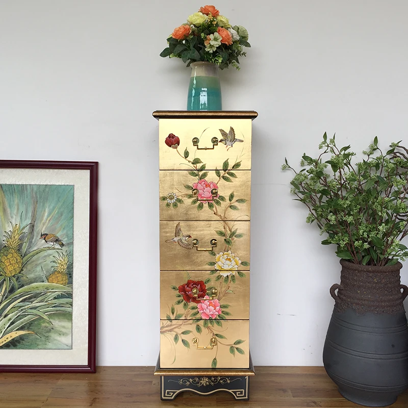 New Chinese painted chest of drawers retro living room bedroom storage decorative cabinet American hand-painted gold foil multi-