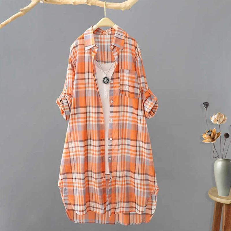 

Summer Striped Plaid Long Shirt Women's Sunscreen Clothes Cardigan Casual Loose Irregular Flare Long sleeved Top