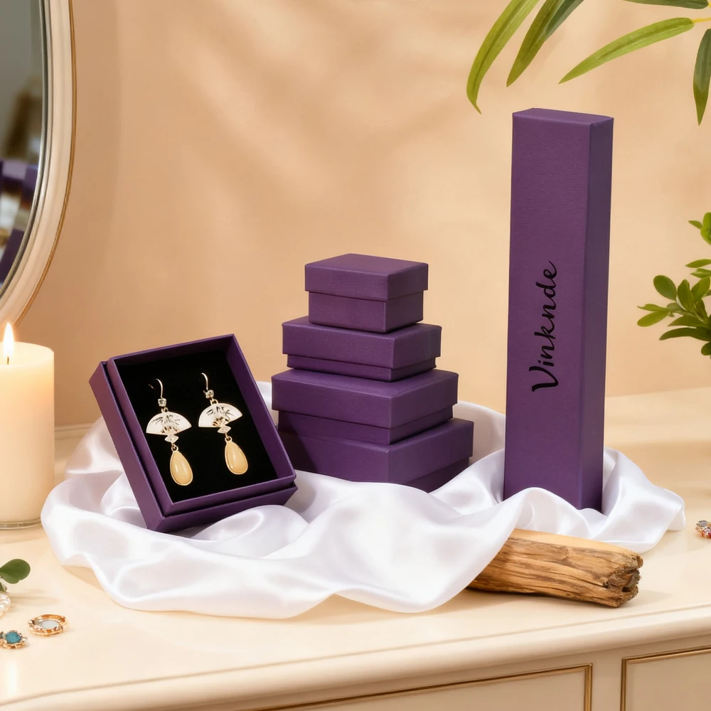 

Customized Printed Logo 100pcs Jewelry Packaging Box Purple Paper Earrings Rings Necklace Carton Gift Display Organizer Storage