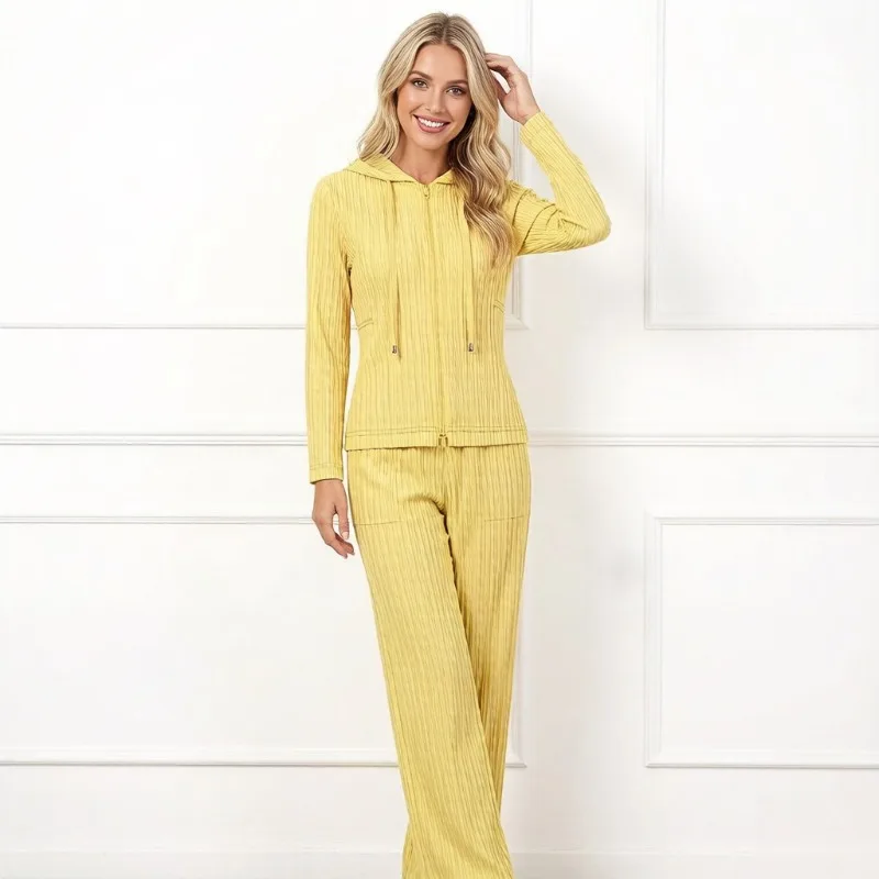 

Miyake Pleated Spring and Autumn High-End Denim Blue Pleated Set Pleated Hooded Zipper Top Elegant Wide-Leg Pants Two-Piece Set