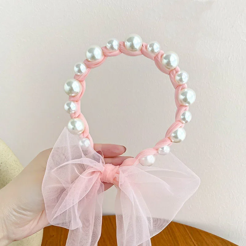 

Princess Pearl Streamer Headband for Baby Girls Solid Organza Braided Bowknot Hair Accessories Special Occasion Gift