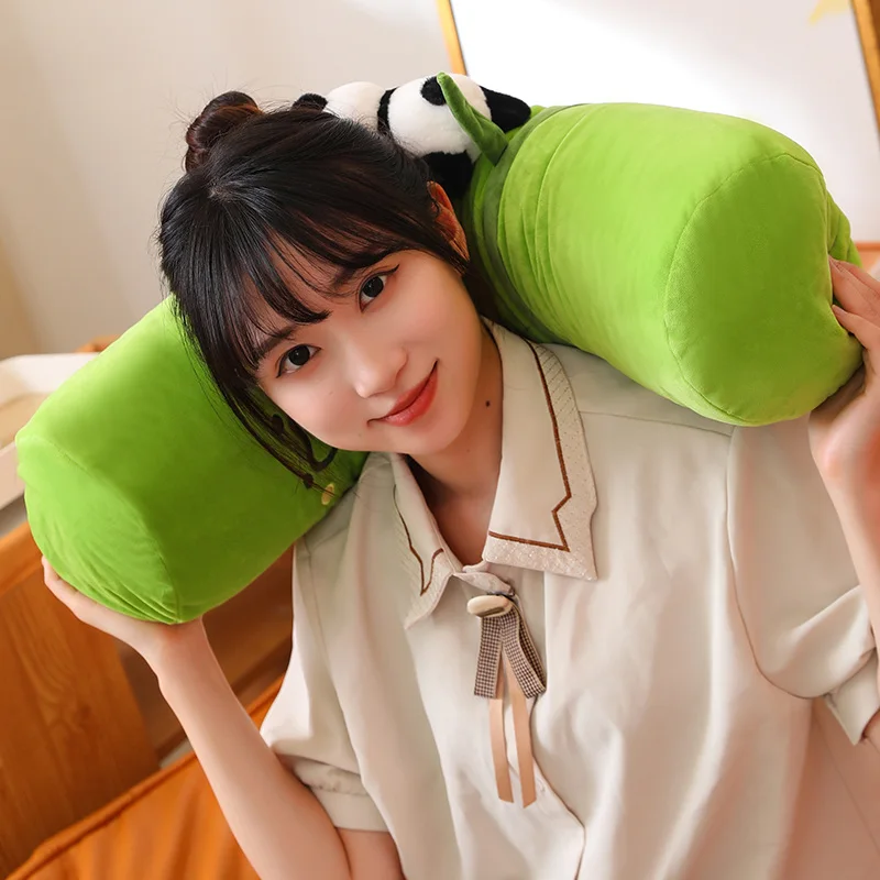 Creative Multifunctional Bamboo Tube Panda Neck Plush Pillow Toy Cute Soft Stuffed Sleeping Cushion Doll Gifts Home Room Decor