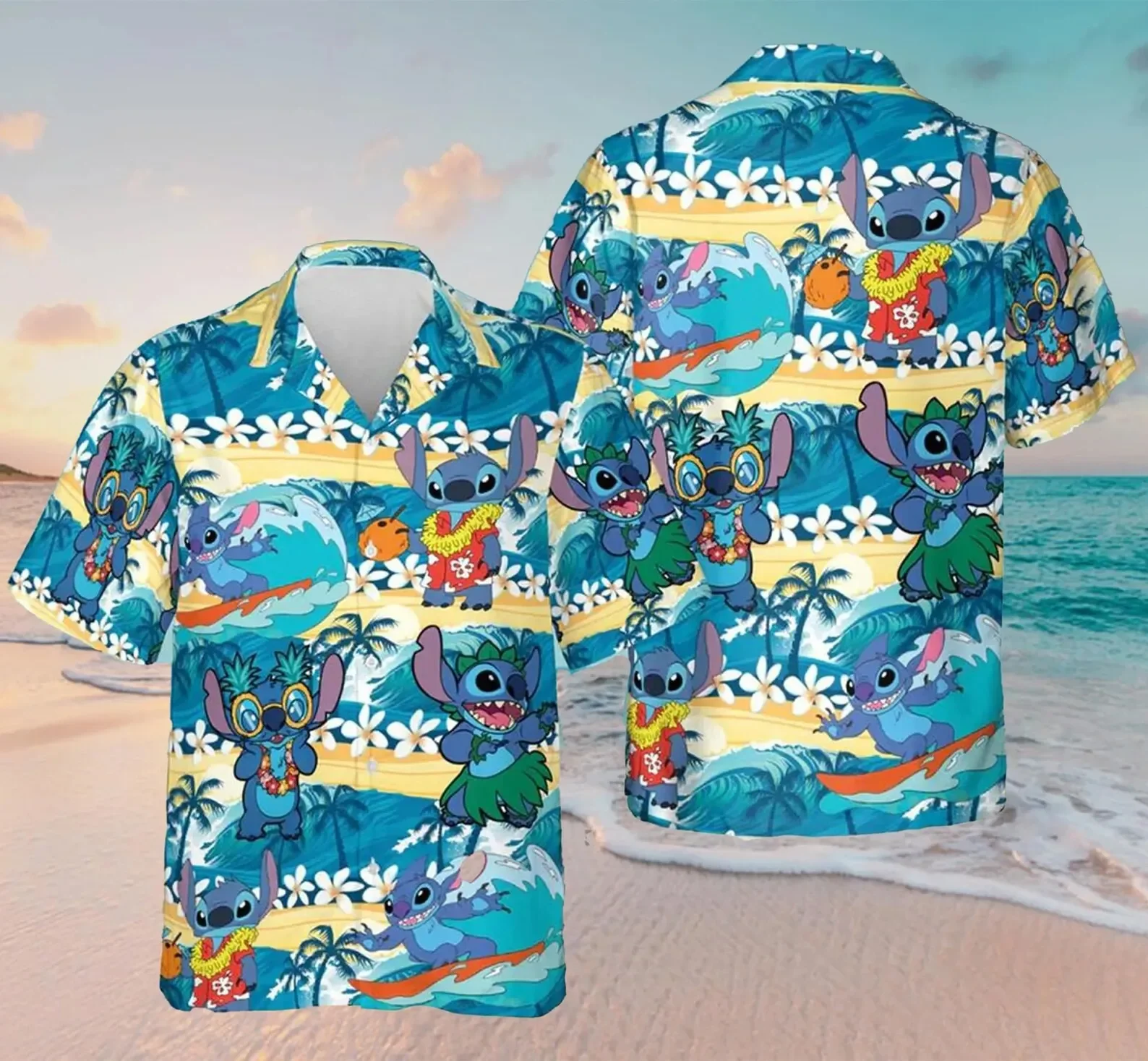 Camisa havaiana masculina e feminina Lilo e Stitch Surf, camisa casual de praia manga curta, estilo Harajuku, moda Disney