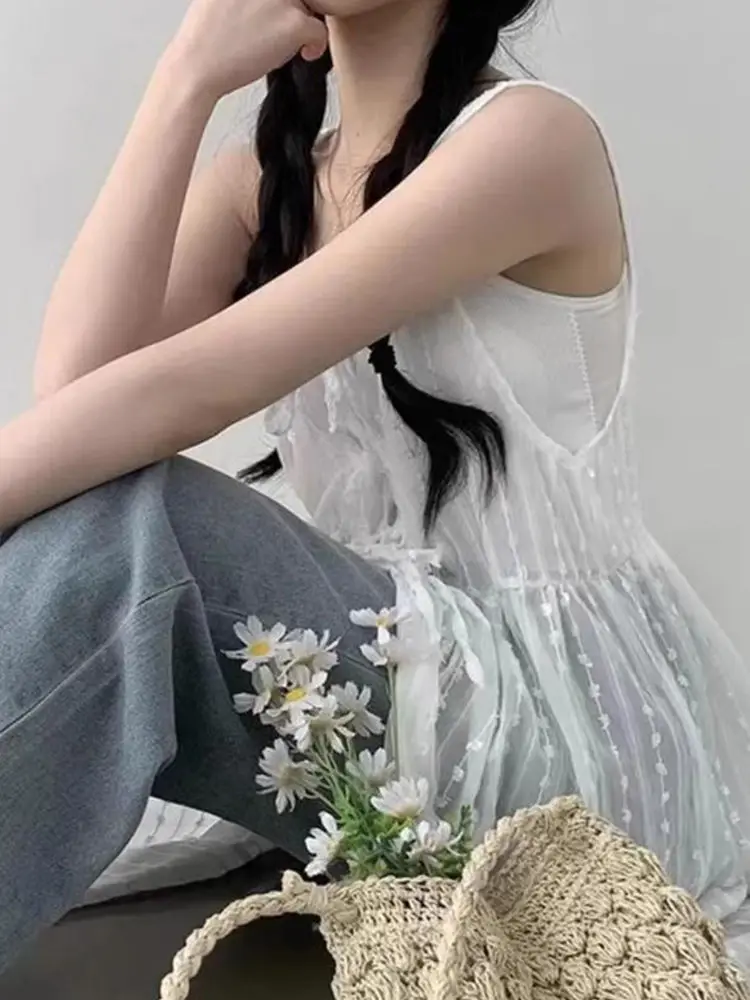 Vestido bordado para mulheres no verão, colete fino com renda em camadas, saia longa