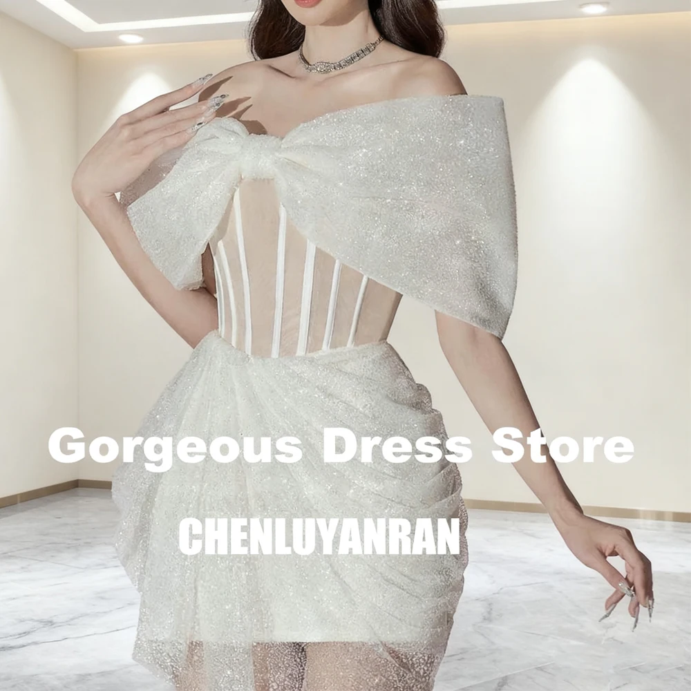 

Sparkle Cocktail Dresses Gorgeous Bow Illusion Tulle Mini Party Dress For Women 2025 Zipper Luxury Prom Gowns robes de soirée