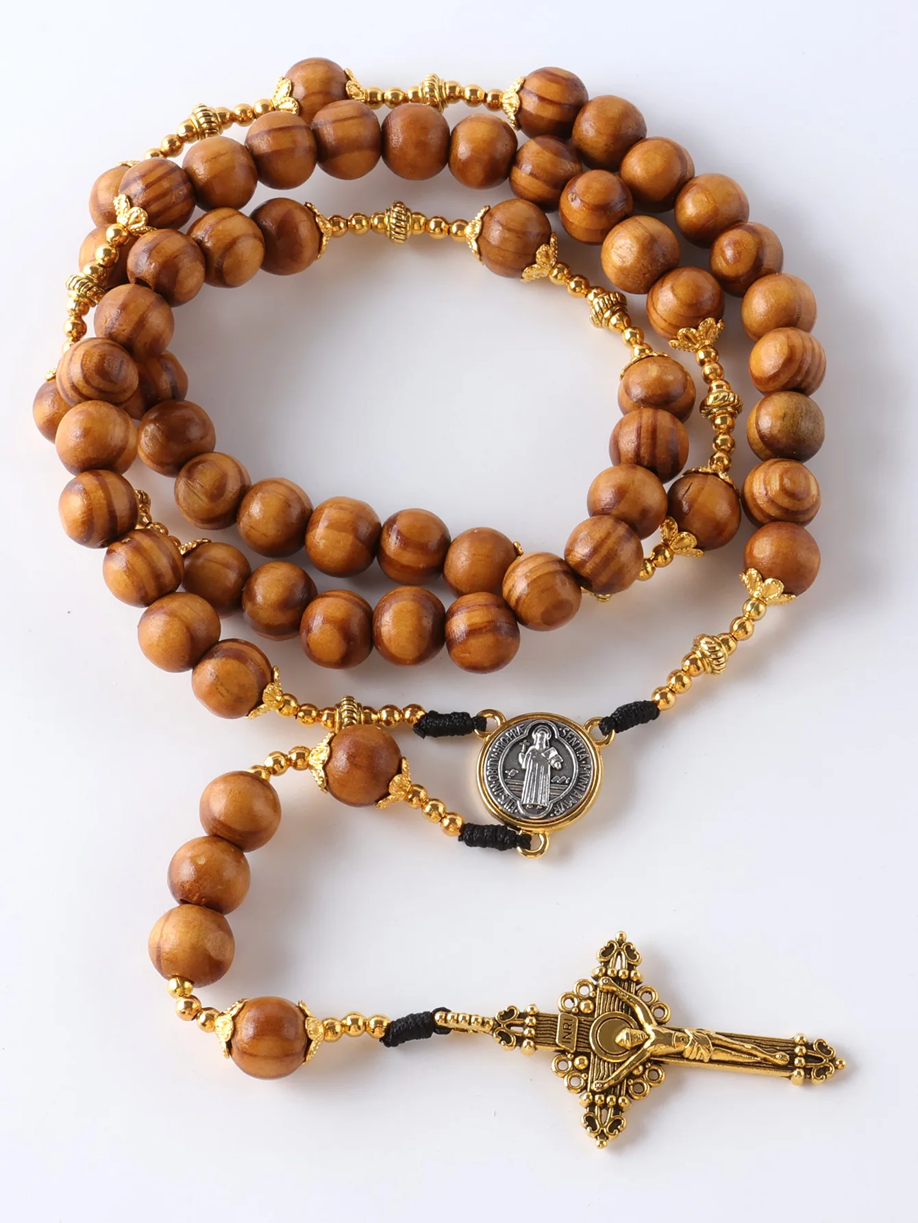 2025 New 1 Piece Vintage Catholic Rosary Jewelry 59 Pieces 10mm Wooden Bead Cross Necklace, Handmade