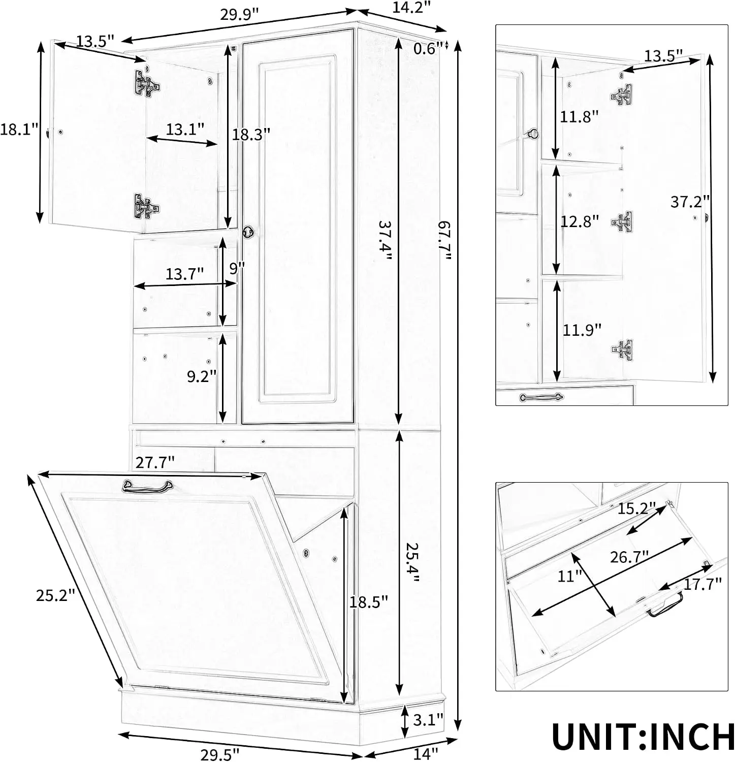68" Tall Bathroom Storage Display Cabinet with 2 Doors & Built-In Laundry Hamper, Multi-Purpose Organizer with Adjustable Inner Shelf for Household Use Gray view 2