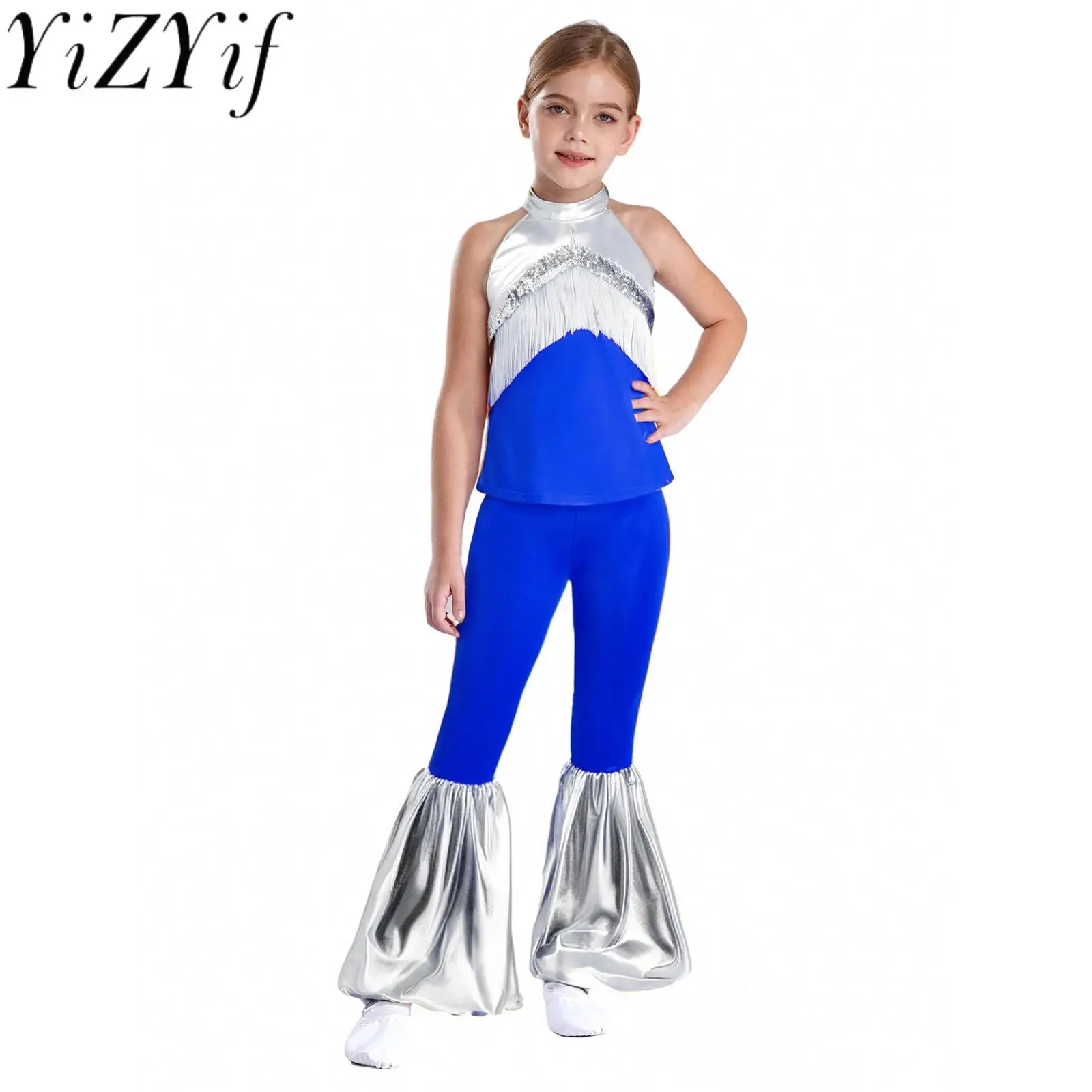 

Kids Girls Disco Jazz Tap Dance Outfits Sleeveless Tassel Metallic Top With Pants for Halloween Birthday Theme Party Dancewear