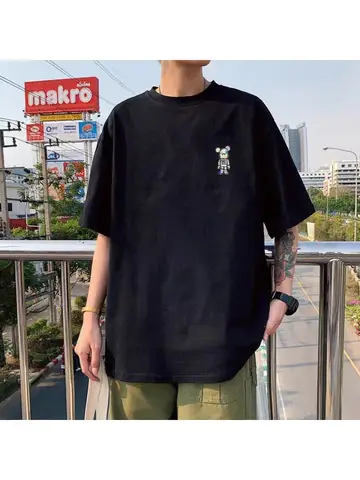 남성용 티셔츠, 홍콩 트렌디 브랜드, 라지 사이즈, 루즈핏, 라운드 넥라인, 프린트 그래픽, 베이스 레이어 셔츠