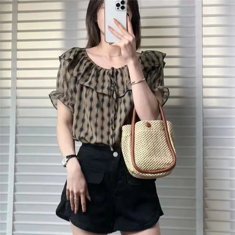 Casual Ruffles Patchwork Loose Shirt Vintage Broken Flowers Printed Women\'s Clothing O-Neck Summer New Stylish Drawstring Blouse