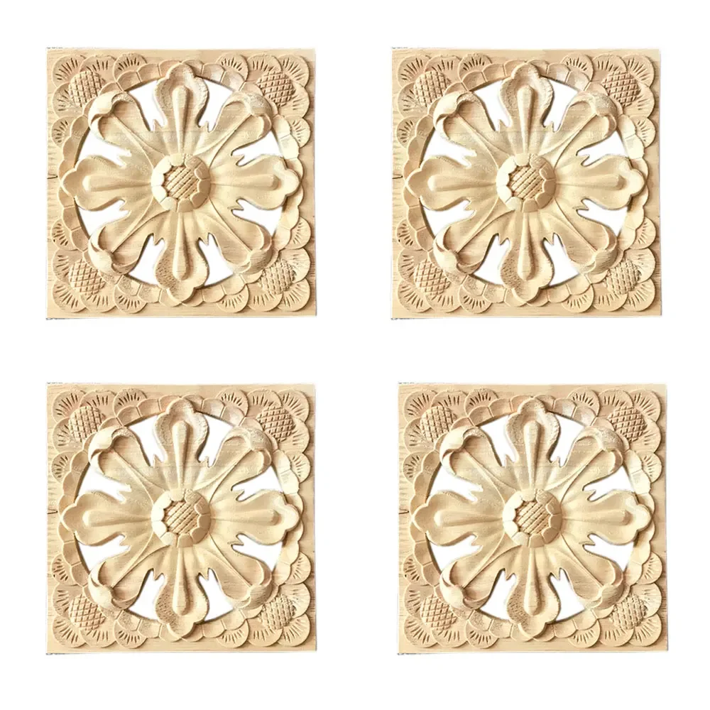 4pcs Wooden Carved Onlay Applique Decal Unpainted Furniture Bed Door Cabinet Decor for Furniture Wall Door Box Desk Decoration