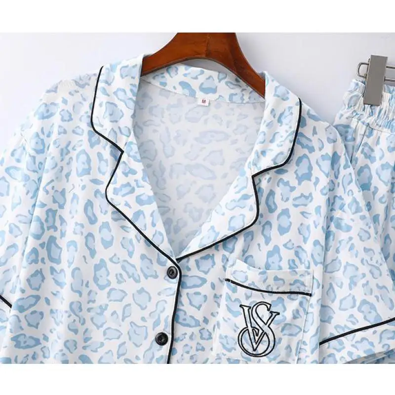 صيف جديد إمرأة لينة مشروط منامة 2 قطع قصيرة الأكمام فستان أطفال مع سروال داخلي مثير السيدات ليوبارد الطباعة ملابس خاصة فضفاضة المنزل منامة