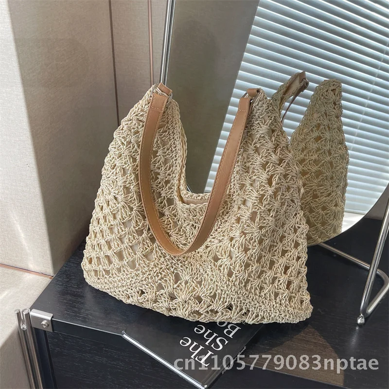 Women's Large Capacity Straw Woven Shoulder Tote Bag 2024 Summer Seaside Vacation Urban Minimalist All-match Commuting Bag