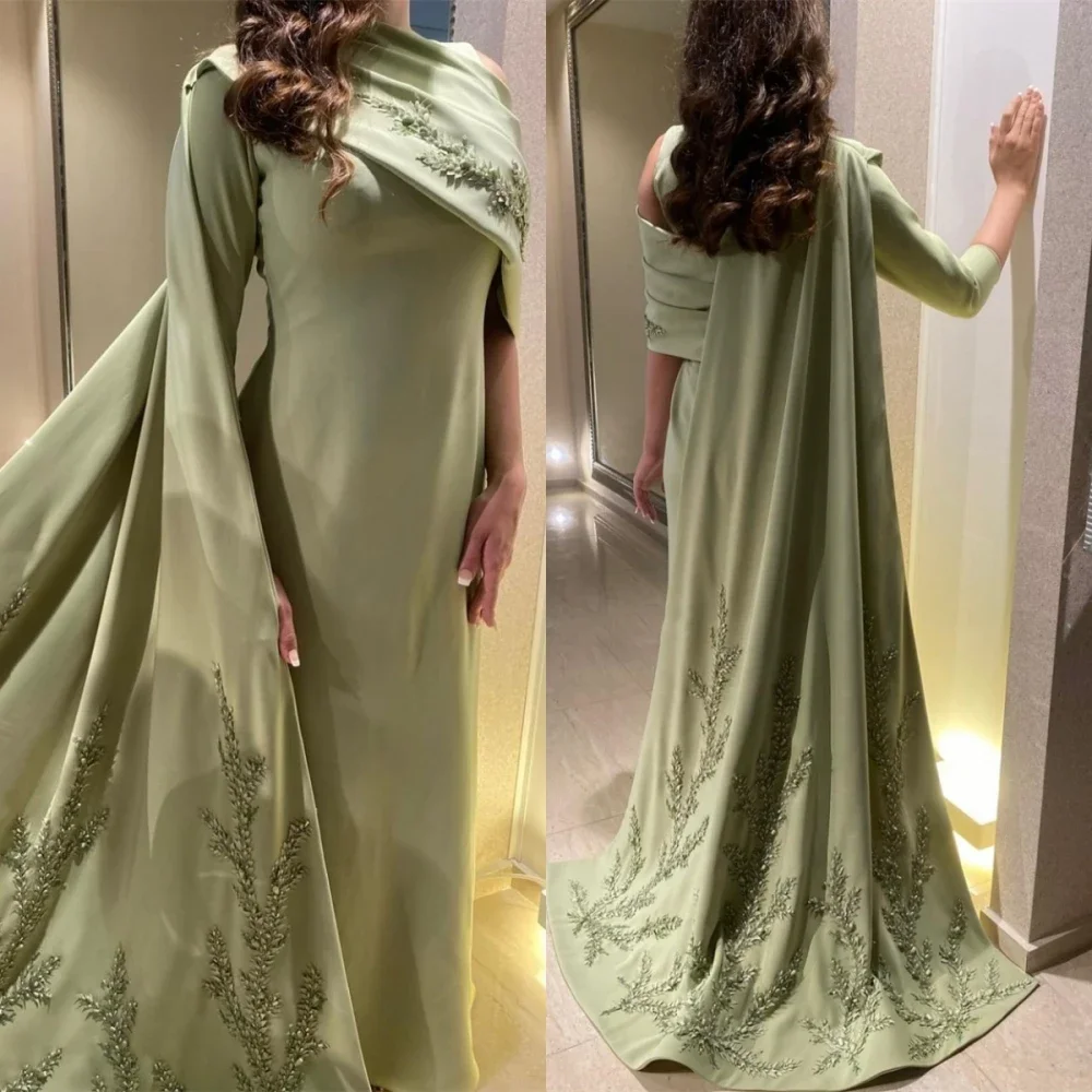 Customized High Quality Boat Neck Sheath Stole Appliques Party Dress Floor Length Formal Evening Fashionable Forefront Carefully