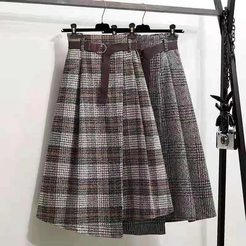 Women‘s Skirt Large Size Tweed Plaid Autumn Winter A-line Mid-length Irregular Pleated Vintage Clothes High Waist Umbrella Skirt