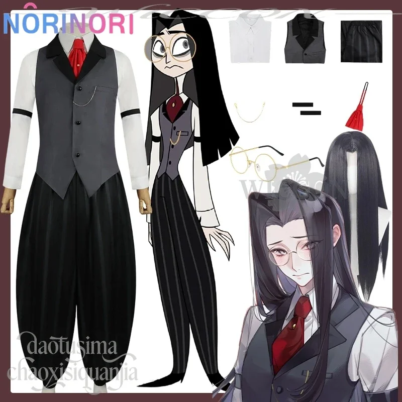Disfraz de Sir Pentious para cosplay, inspirado en el anime Hotel, estilo gótico, chaleco gris oscuro, corbata roja, pantalones negros, peluca larga, traje para Halloween, Navidad, disfraz de demonio.