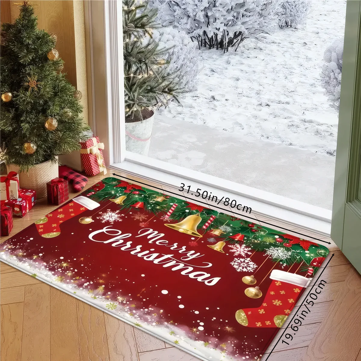 1pc Christmas Decorative Doormat, Red Xmas Tree Bell Pattern Non-Slip Entrance Mat for Indoor Outdoor Use - Soft Absorbent Bathr
