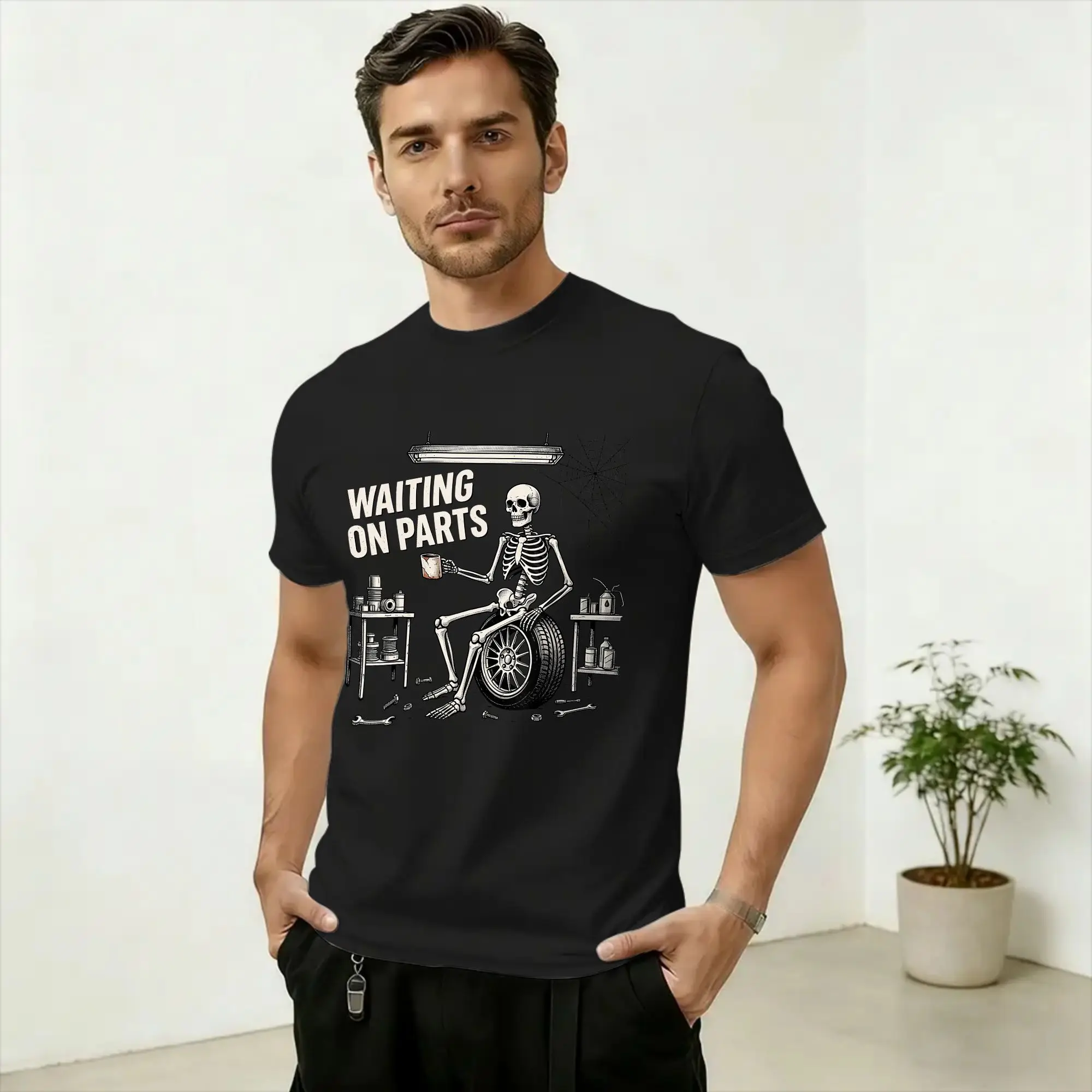 Men's T-Shirt Funny Waiting On Parts Mechanic Skeleton Auto Repair Life Vintage 100% Cotton Tee Shirt Short Sleeve T Shirt