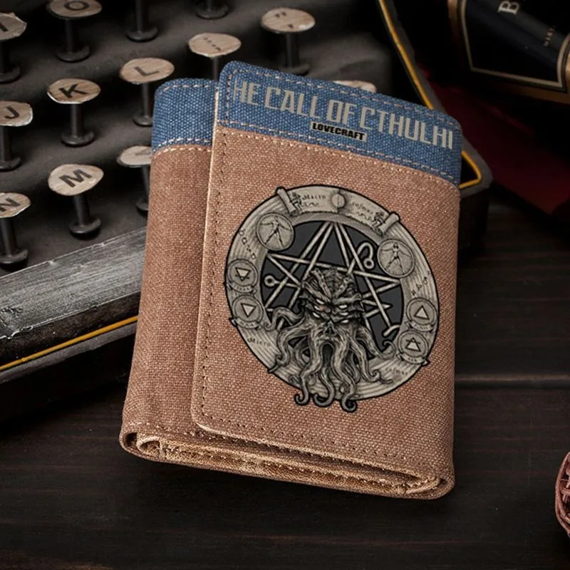 Cthulhu Mythos Canvas Anime Wallet for Student Boy Girl Tri-Fold RFID Blocking Card Holder Mini Purse Short Money Clip