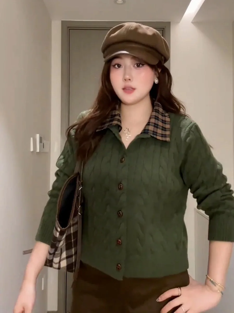 Große Größe Herbst Winter Koreanische Plaid Spleißen Twist Stricken Casual Vielseitig Gestrickte Offene Strickjacke Einzigartige Exquisite Pullover