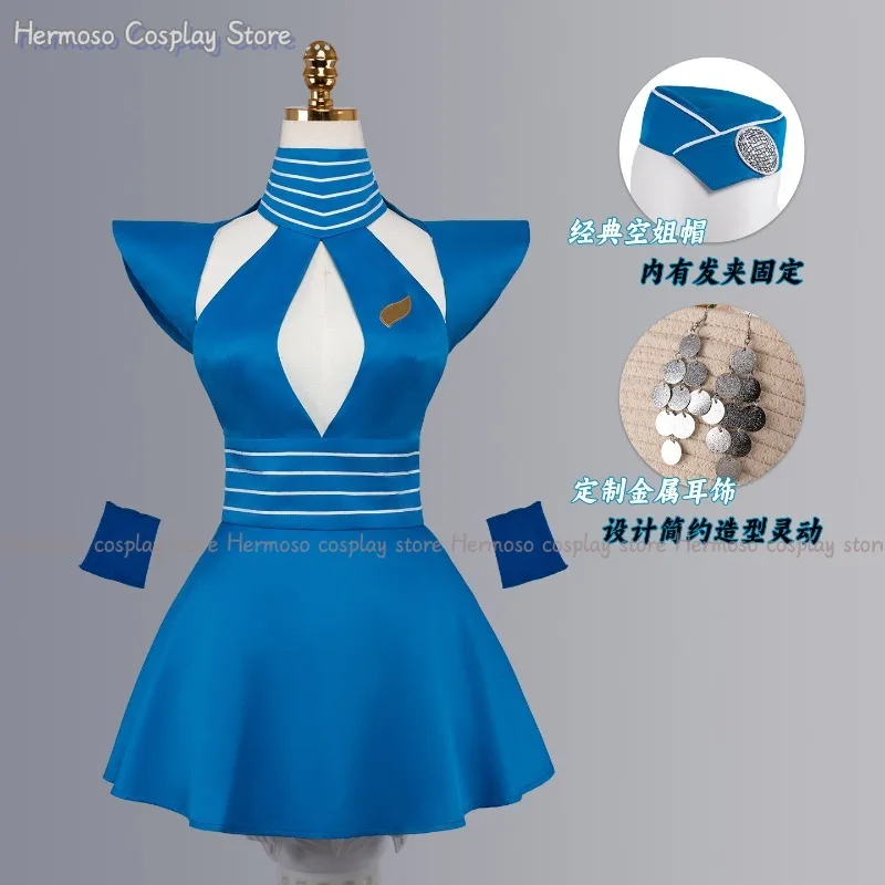 

Britney Cosplay Costumes Blue Flight Attendant Uniform Hat Dress Set Fantasia Outfit Halloween Carnival Party Outfit For Women