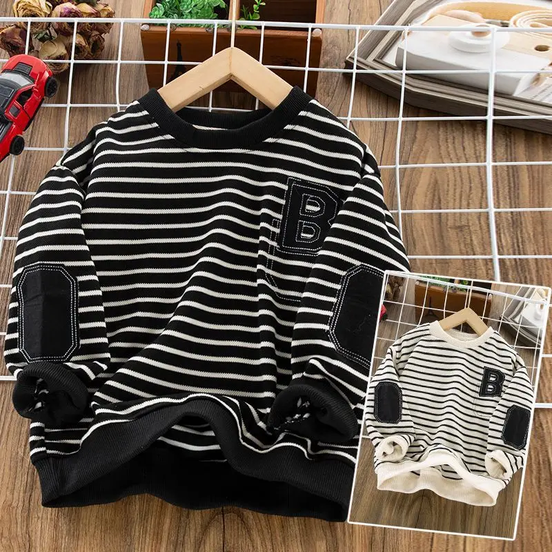 2026 New Boys Striped Sweatshirt Thickened Autumn Long Sleeve Pullover Casual Kids Tops Streetwear Base Layer
