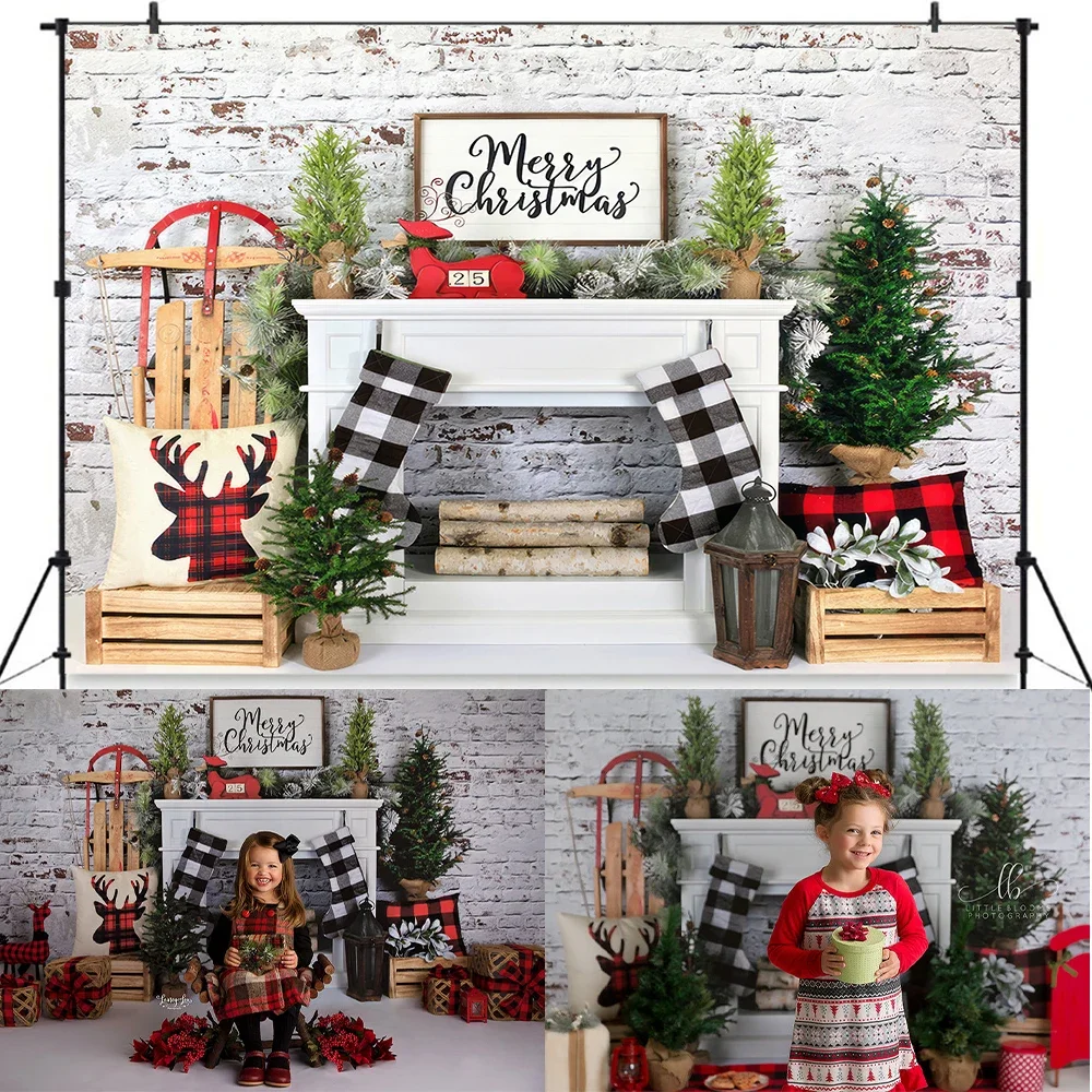 

Plaid Christmas Fireplace Backdrops Kids Adult Photography Props Photostudio Xmas Socks Trees Festival Background