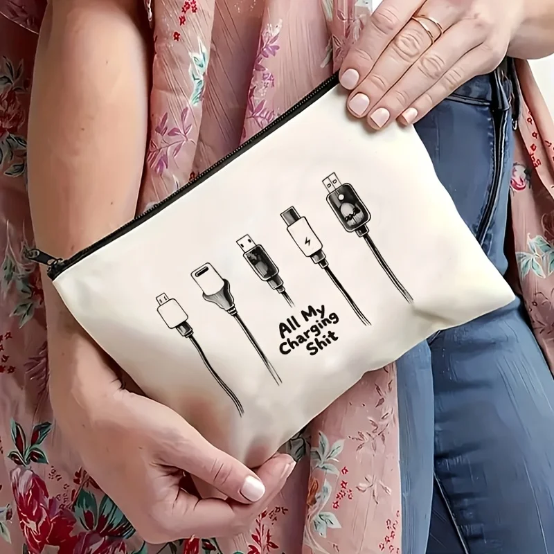Unisex Charging Cable Print Makeup Bag | Durable Beige Travel Storage Pouch | Additions & Electronics Organizer | Secure Zip Des