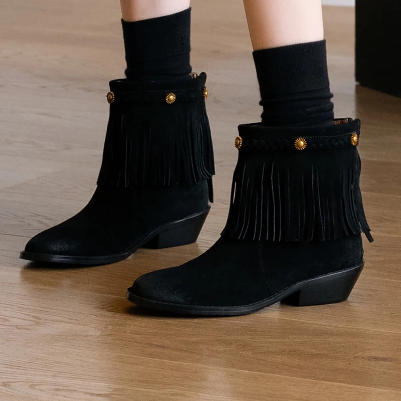 

Chunky Heel Suede Short Boots Women Fringe tassels Metal Button Decor Morden Ankle Botas Autumn Winter Retro Chelsea Boots 2024