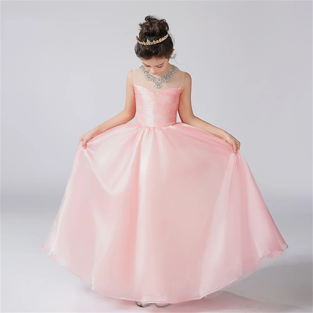 Dideyttawl Customized Organza Pleats O-Neck Dress For Girl Flower Girl Dresses Sleeveless Kids Birthday Formal Princess Gowns