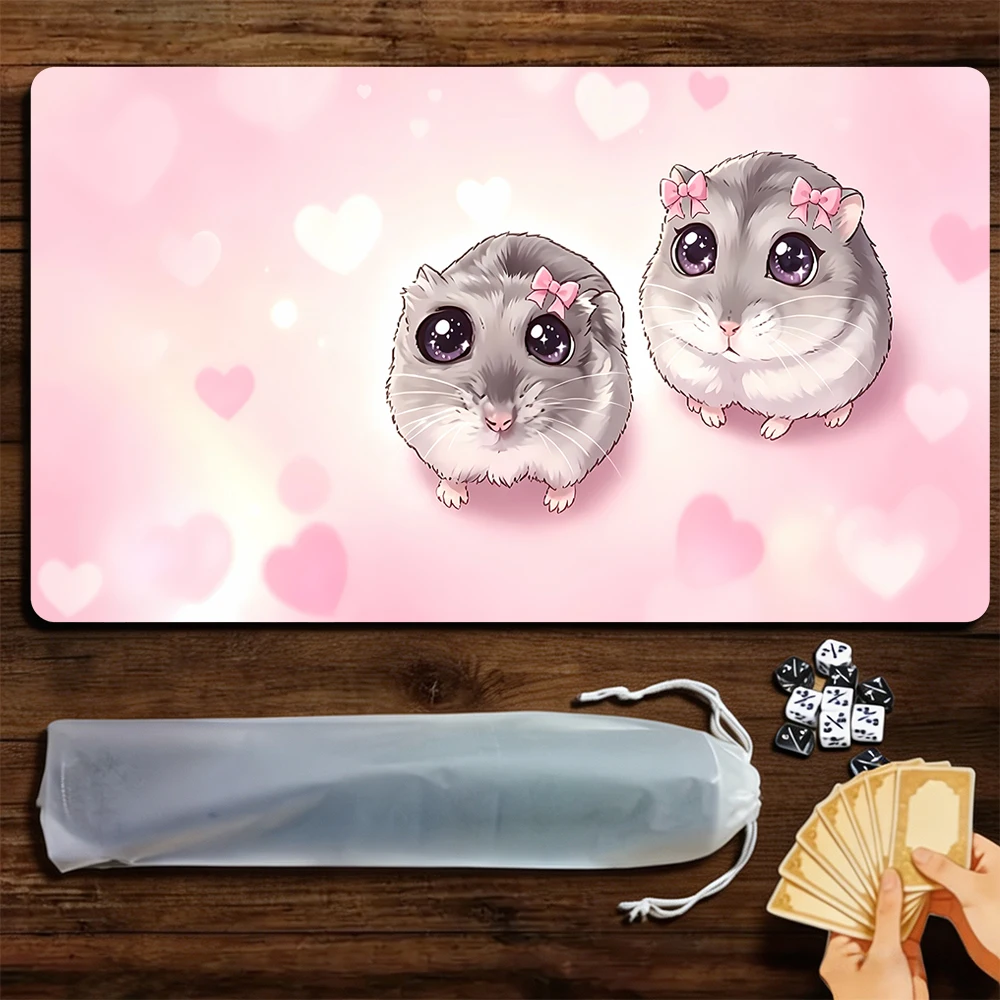 Pink Kawai hamster TCG Playmat Magic Playmat Gathering Gaming Mat with Stitched Edge Anti-slip base 60X35cm Trading Card Game