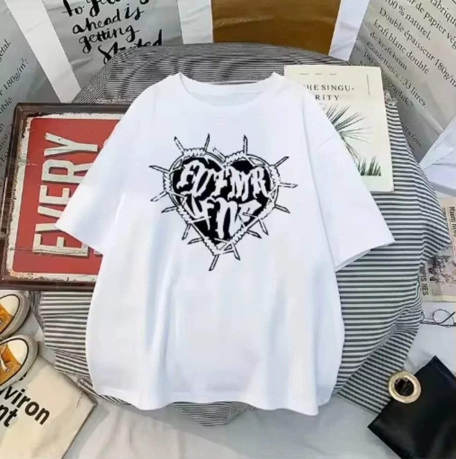Y2k Fashion Goth Vintage Print T-shirt Women Harajuku Streetwear Dark Gothic Emo Alt Short Sleeve O-neck Loose Black Tee Tops