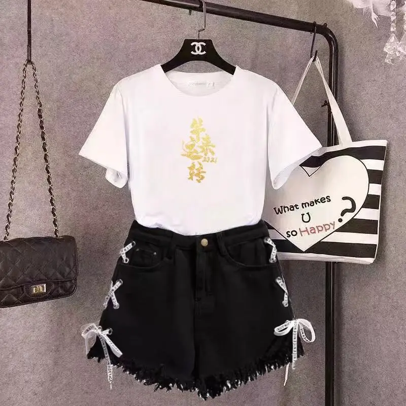 Suit/single Piece New Summer Denim Suit Women's Loose T-shirt+denim Shorts Female Student Korean Two-piece Set Female