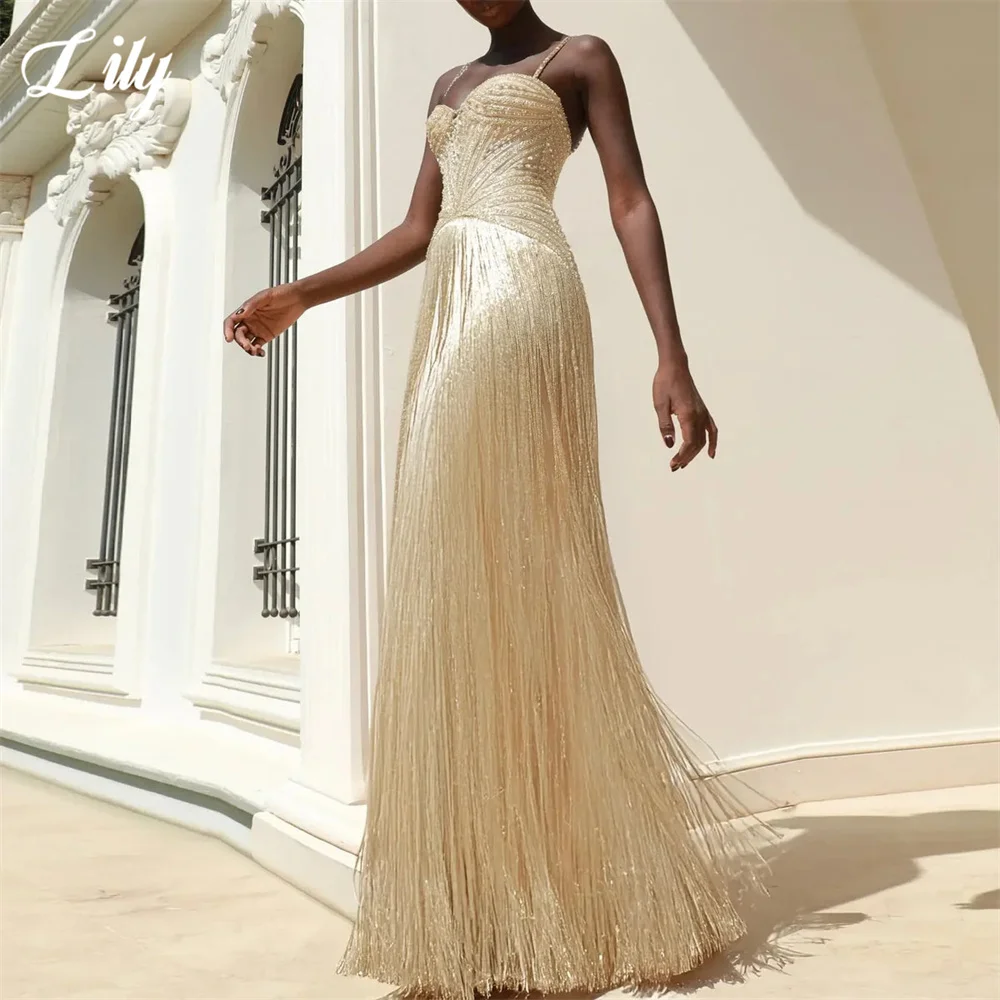 Lily Butter Yellow Evening Dress Spaghetti Strap Formal Gown Straight Night Dress Beading On Chest Prom Dress Tassel Customized