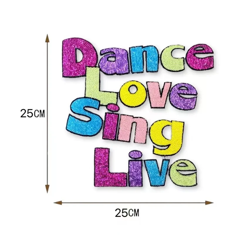 Large Colorful Sequins Letters Dance Sing Iron on Patches for Clothing T Shirt Women Embroidery Patch Fabric Stickers