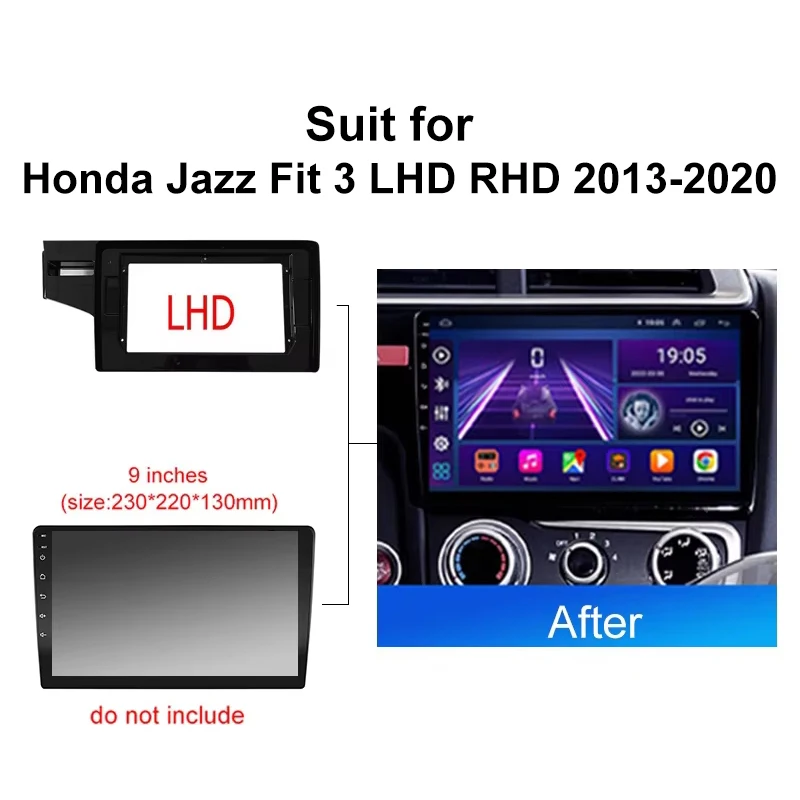 2DIN 9 Inch Car Frame Fascia Adapter For Honda Jazz Fit 3 LHD RHD 2014-2020 Android stereo Radio Dash Fitting Panel Kit wire