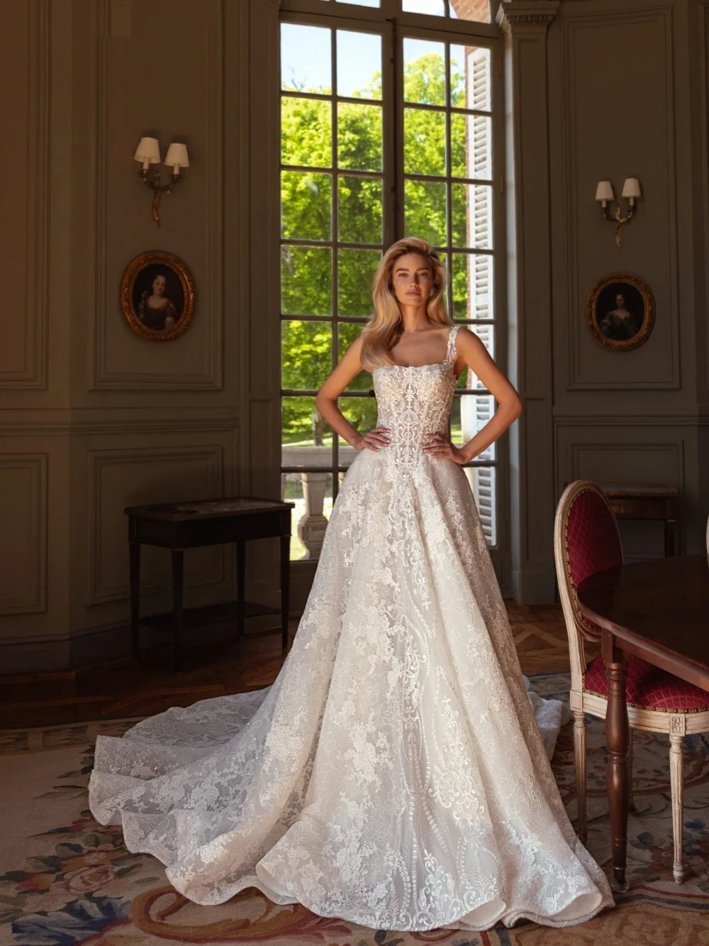 

On Zhu Customized Glitter Lace Appliques Wedding Dresses Square Neck Bridal Gown Charming A-line For Bride vestidos de novia