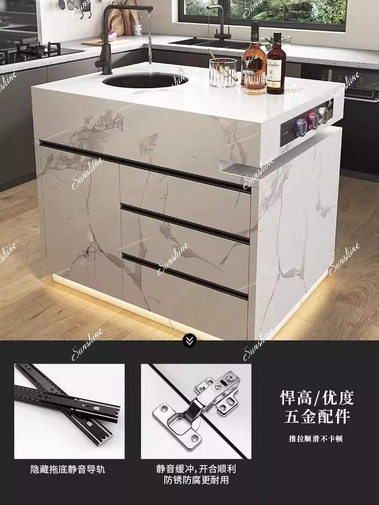 Kitchen island cabinet dining table integrated rock slab movable dining room with sink boiling water