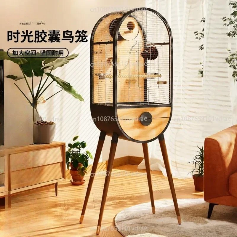 Stainless Steel Bird Cage—Attachable Parrot Cage; Deluxe Solid Wood Nest Suitable for Monk Parakeets and Rosy-faced Lovebirds